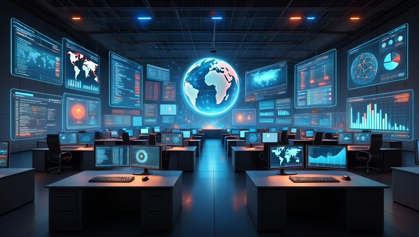 A cybersecurity war room with a floating globe